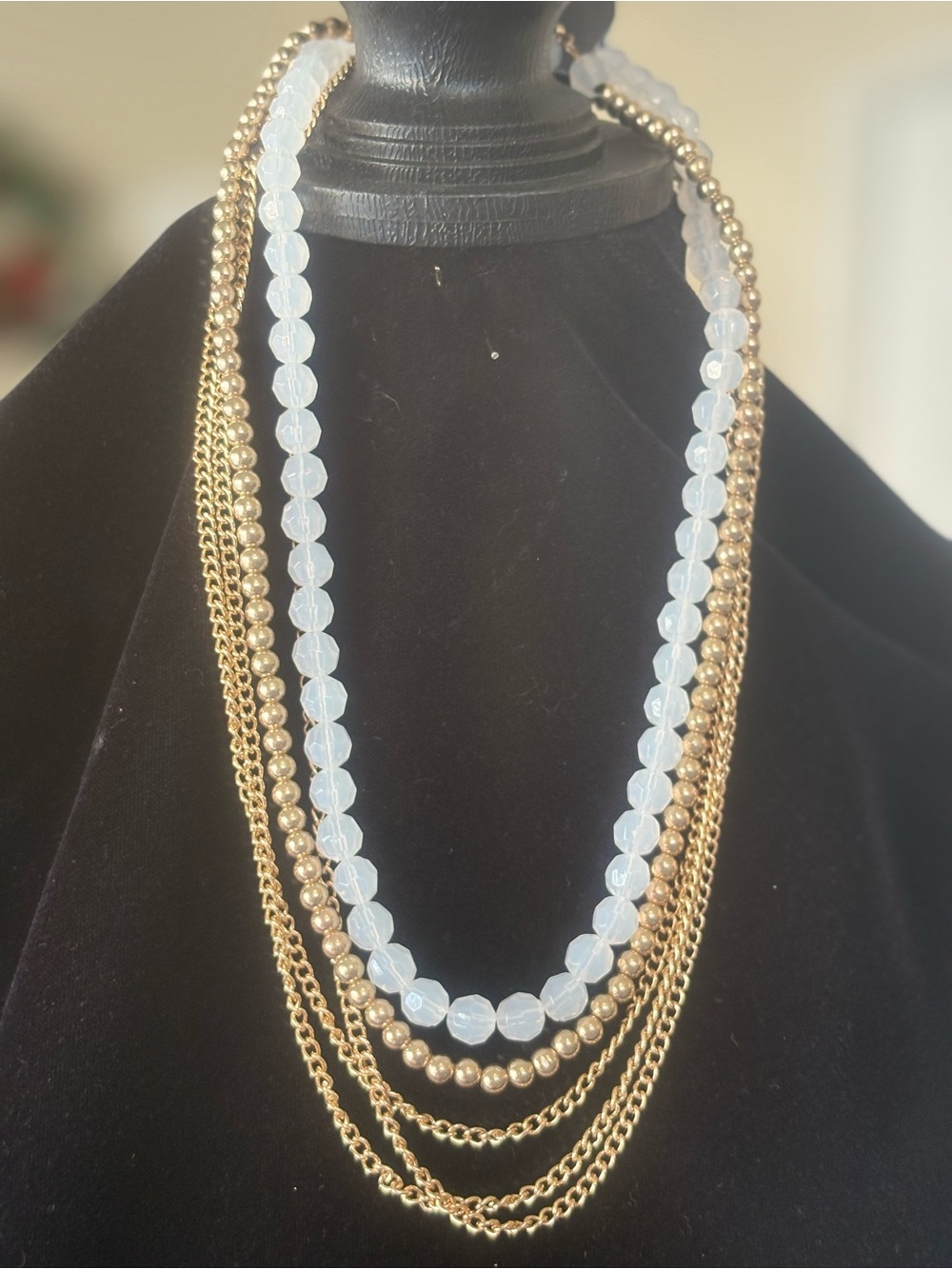 Layered White Bead and Gold tone Chain Statement Necklace